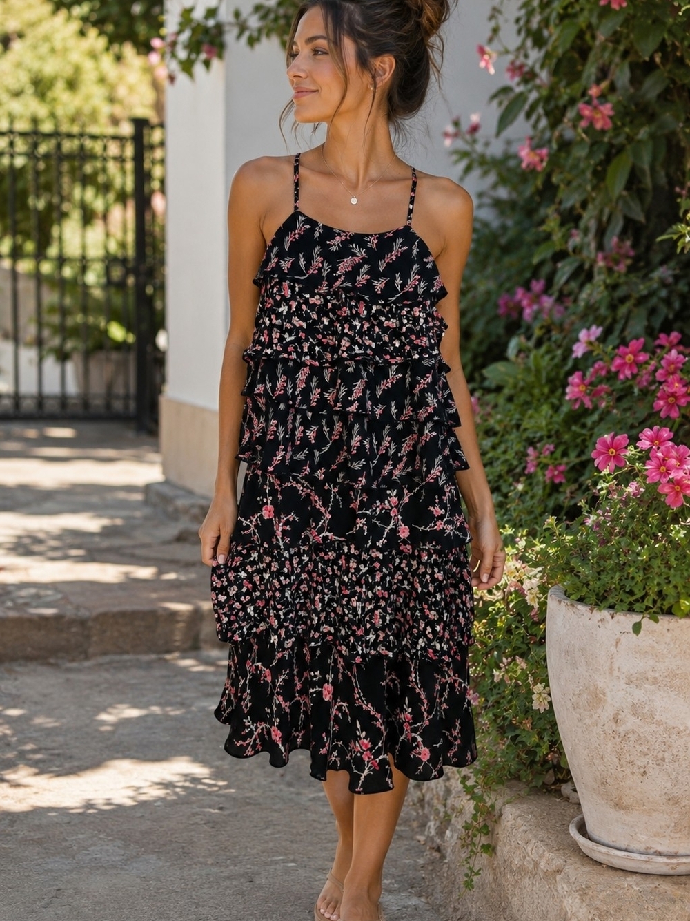 White House Black Market Black Pink Floral Tiered Ruffle Midi Dress Size 2